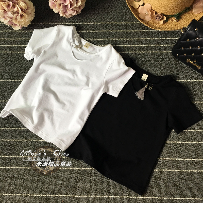 2019夏款女童短袖t恤韓版中大童黑白色兒童圓領破洞上衣親子T恤潮