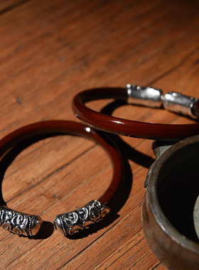 新款无结鸡血藤手镯翔云银饰925银手环男女款錾刻银饰手工饰品