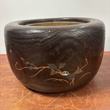 日本桐木铜胆金时绘嵌螺钿火钵，外径35厘米高21厘米，锅内径22