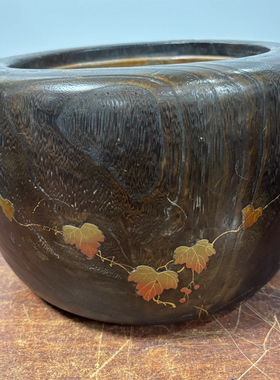 日本桐木铜胆金时绘嵌螺钿火钵，外径32厘米高21厘米，锅内径21