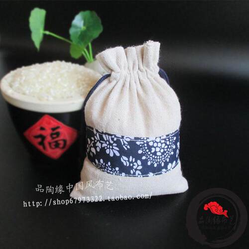亚麻束口袋青花纹饰收纳袋礼品包装抽绳小布包古典风首饰佛珠袋 - 图1