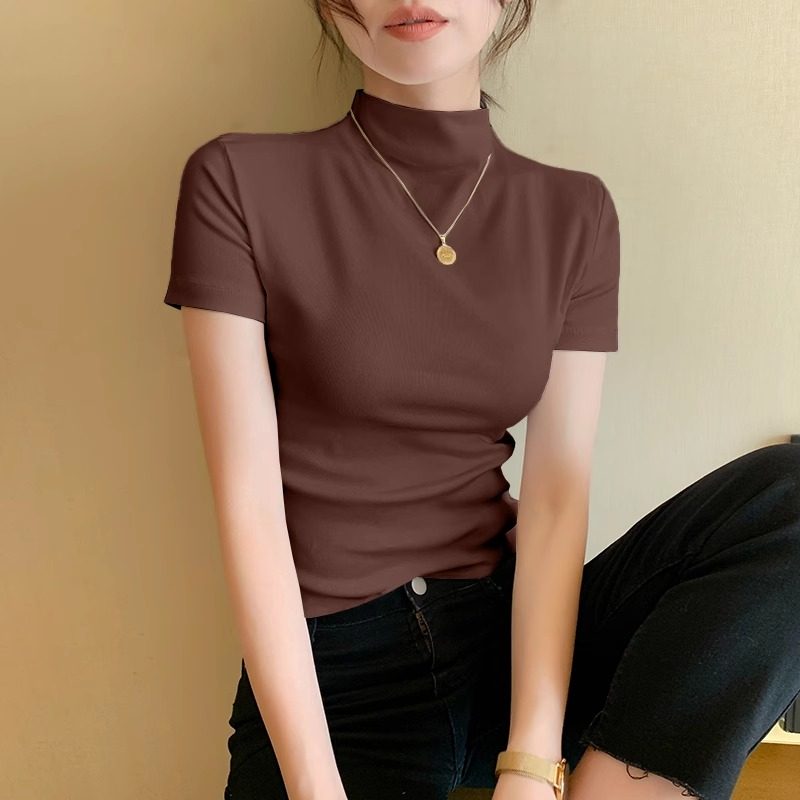 白色莫代尔短袖T恤女2025夏季新款冰丝半高领修身显瘦打底衫上衣,淘宝优惠券,粉丝福利购,淘宝优惠卷