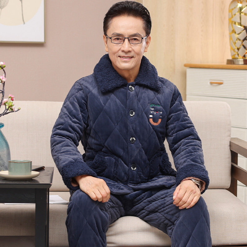 冬款男士加绒加厚夹棉睡衣中老年人爸爸三层保暖珊瑚绒家居服套装,淘宝优惠券,粉丝福利购,淘宝优惠卷