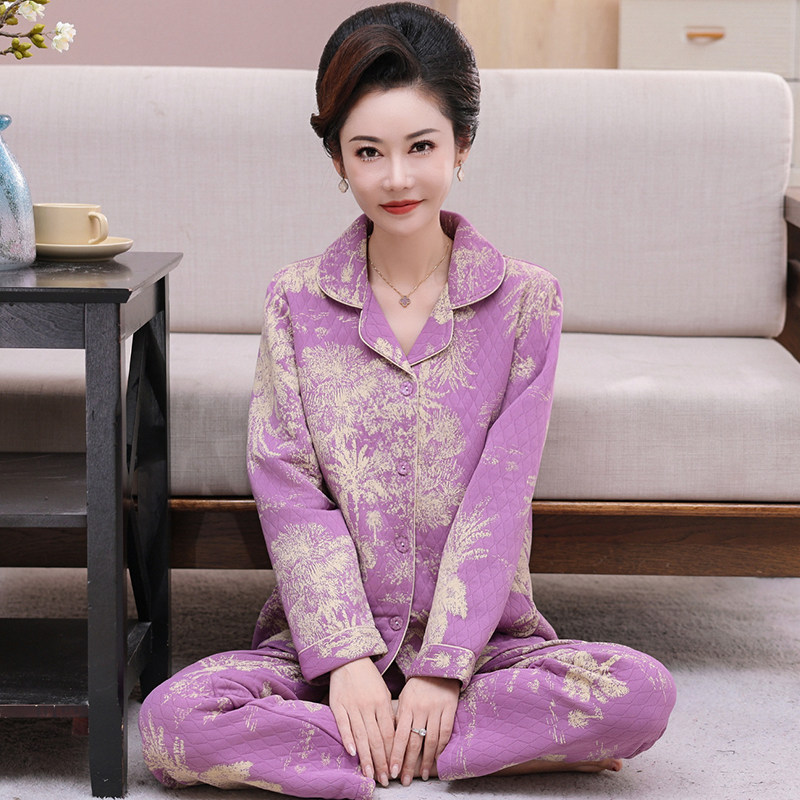 中老年女士薄夹棉睡衣冬季夹层中年女纯棉开衫甜美长袖家居服套装,淘宝优惠券,粉丝福利购,淘宝优惠卷