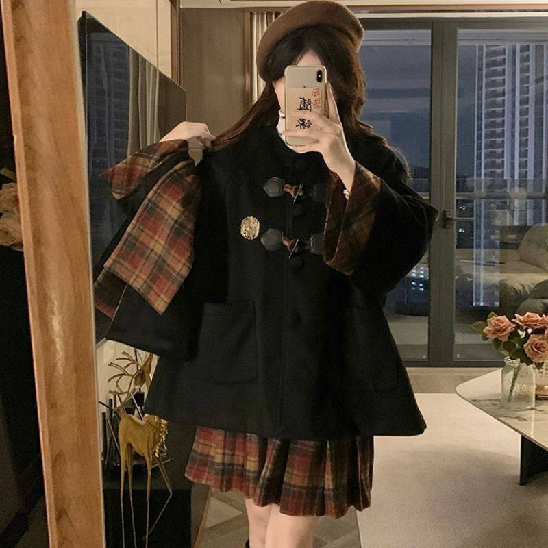 学院风JK制服套装女秋冬小个子牛角扣毛呢外套+格子百褶裙两件套,淘宝优惠券,粉丝福利购,淘宝优惠卷