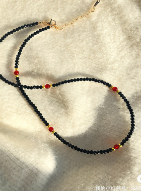 黑玛瑙红珠项链女手工串珠锁骨链