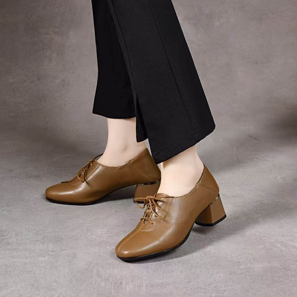 2025新款春秋季系带小皮鞋粗跟软皮中跟深口方头单鞋高跟真皮女鞋,淘宝优惠券,粉丝福利购,淘宝优惠卷