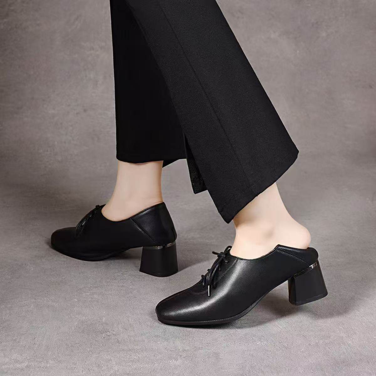 2025新款春秋季系带小皮鞋粗跟软皮中跟深口方头单鞋高跟真皮女鞋,淘宝优惠券,粉丝福利购,淘宝优惠卷