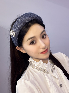 韩版新款小香风闪钻发箍高级感宽边牛仔蓝百搭高级感显气质头饰女
