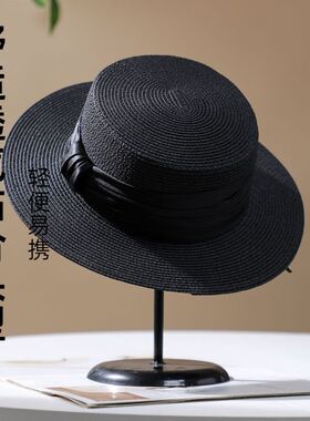 法式平顶优雅草帽女春夏时尚百搭爵士礼帽草编遮阳帽防晒太阳帽子
