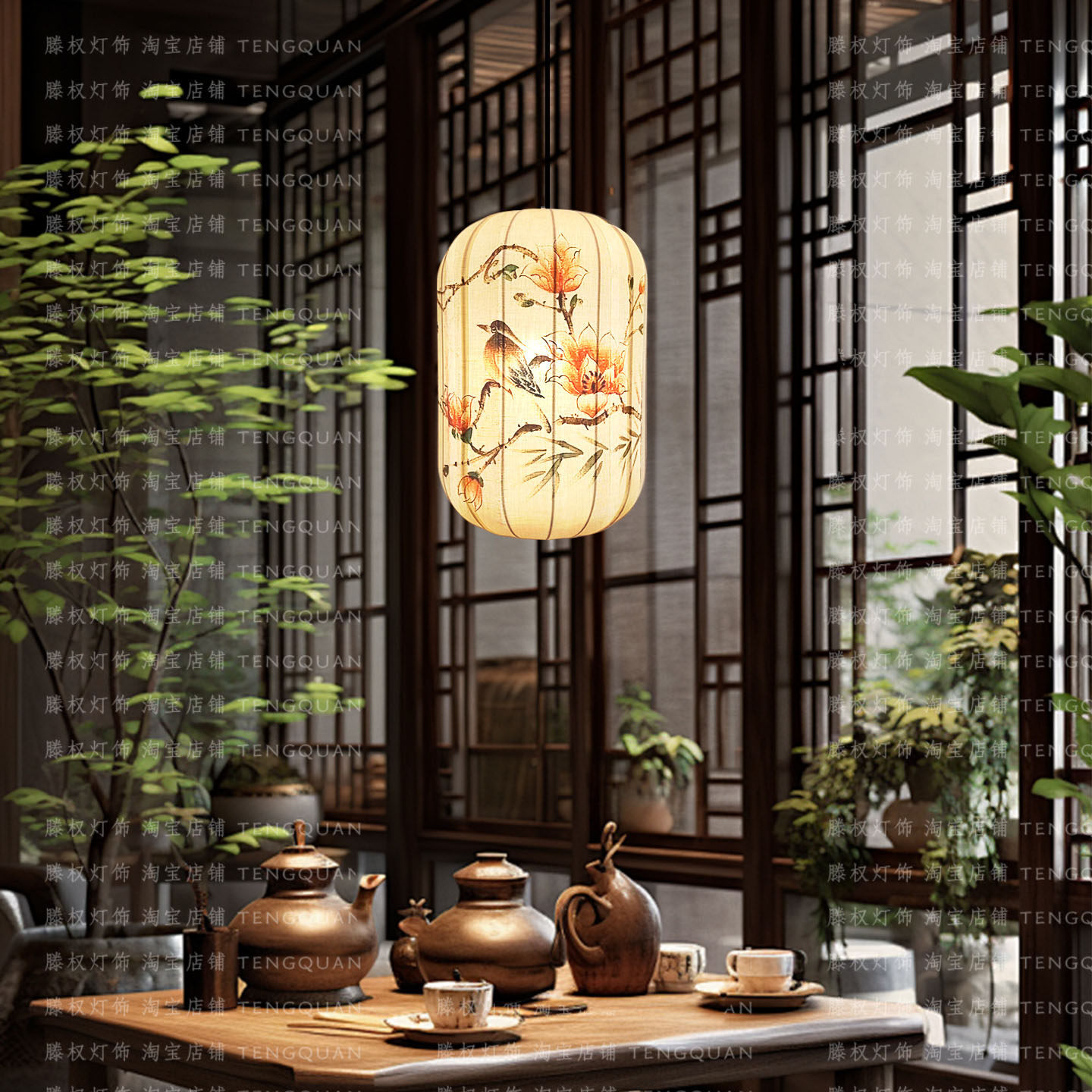 新中式餐厅吊灯亚麻布手绘笼中国风茶室灯宋氏美学装饰过道玄关灯,淘宝优惠券,粉丝福利购,淘宝优惠卷