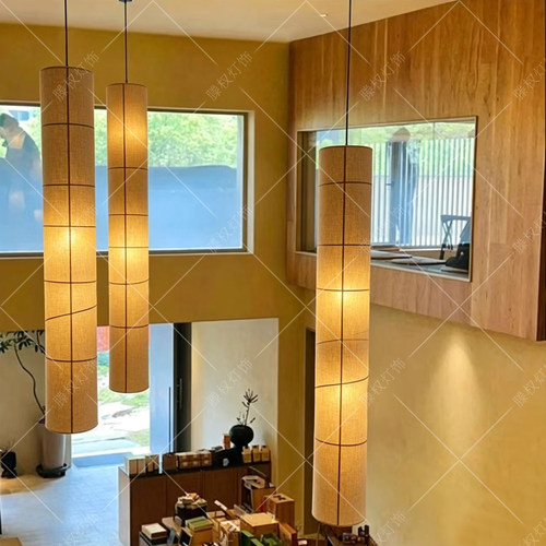 侘寂风麻布长筒吊灯服装店橱窗灯日式禅意复古长条灯中式楼梯灯 - 图1