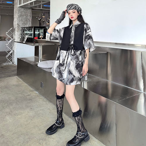 现货秒发~潮流ins复古泼墨晕染衬衫个性绑带马甲背心两件套衬衣夏 - 图3