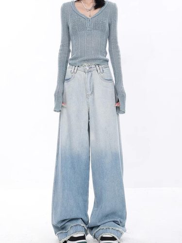 KEN STUDIO春夏新款渐变蓝色直筒牛仔裤女复古毛边设计阔腿裤裤子 - 图1