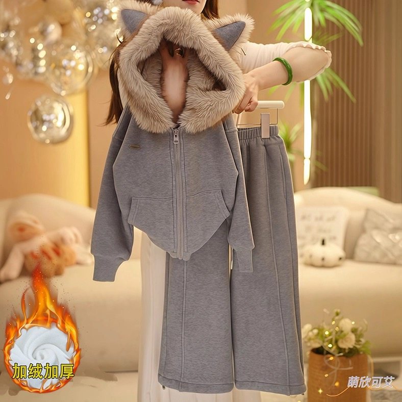 男女童卡通耳朵加绒卫衣外套秋冬2025新款加厚一体绒毛领上衣保暖,淘宝优惠券,粉丝福利购,淘宝优惠卷