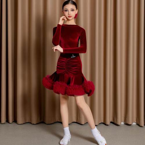 2025新款秋冬季儿童拉丁舞裙女童高级感练功服表演演出舞蹈服套装 - 图0