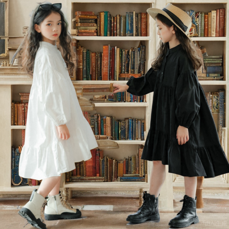 女童连衣裙春秋新中式衬衫裙纯棉儿童裙灯笼袖纯色大童女孩蛋糕裙,淘宝优惠券,粉丝福利购,淘宝优惠卷