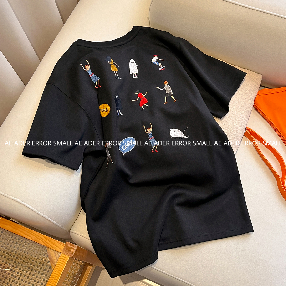 ader error small刺绣卡通小人短袖t恤夏季宽松纯棉圆领男女情侣 - 图0