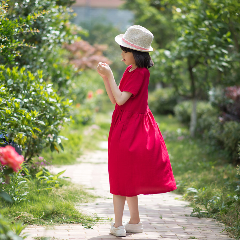 小乐往亲子装第6课夏海边度假拍照红色女童写真棉麻母女装连衣裙-图1