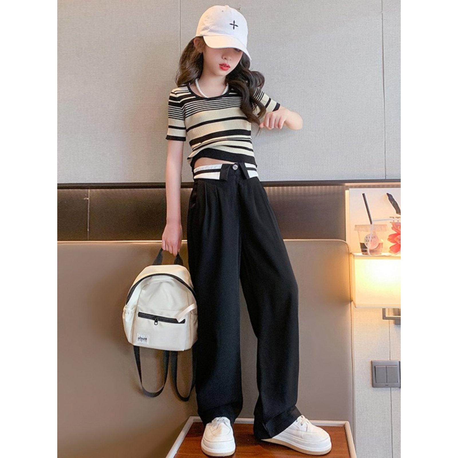 女童洋气套装夏季韩版中大童条纹针织衫女孩冰丝短袖阔腿裤两件套,淘宝优惠券,粉丝福利购,淘宝优惠卷