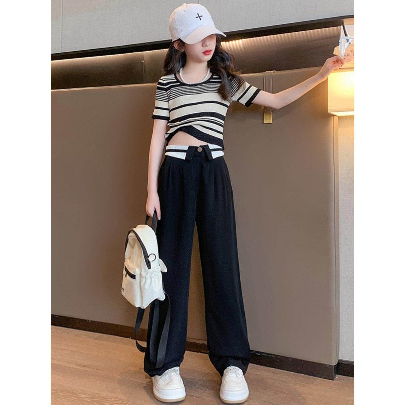 女童洋气套装夏季韩版中大童条纹针织衫女孩冰丝短袖阔腿裤两件套,淘宝优惠券,粉丝福利购,淘宝优惠卷