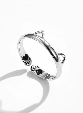 s925纯银猫耳朵猫爪印戒指女生简约通勤可爱小动物开口食指环尾戒