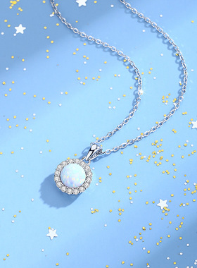 S925纯银锆石镶钻圆形欧泊石项链