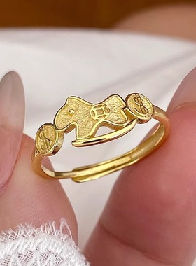 纯银生肖马年马上有钱币戒指女生