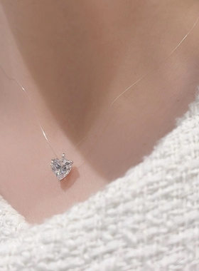 S925纯银透明鱼线锆石爱心形项链