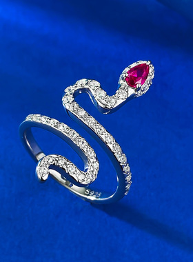 S925纯银红刚玉宝石镶钻灵蛇戒指女生轻奢个性气质小众蛇形食指环