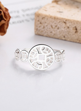 s925纯银镂空铜钱币戒指女生