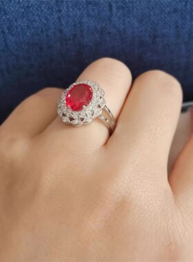 S925纯银锆石镶钻红宝石项链女生高档简约唯美椭圆形吊坠锁骨链女