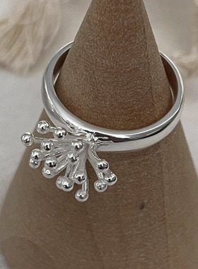 S925纯银烟花珠珠麦穗流苏素圈戒指女生小众设计感开口叠戴食指环