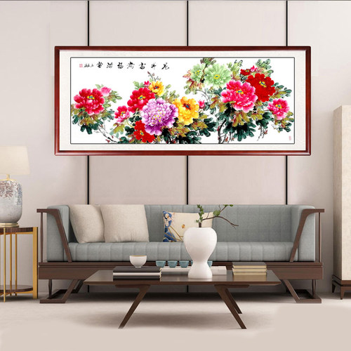 中式客厅沙发背景墙装饰画国画牡丹花手绘花开富贵真迹卷轴壁挂画 - 图0