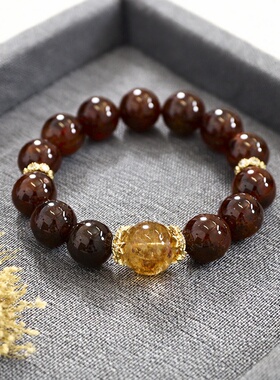 大颗粒天然牛血红石榴石单圈水晶手串链女款天然石榴石12mm黄塔晶