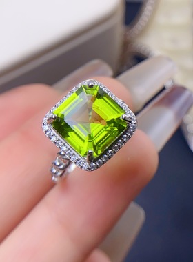 大克拉天然橄榄石925银镶嵌天然橄榄石戒指11*11mm过检测天然宝石