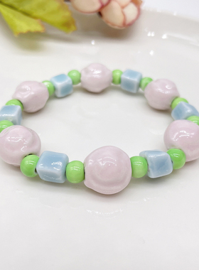 手链新中式森系民族古风首饰景德镇陶瓷小饰品学生串珠粉少心