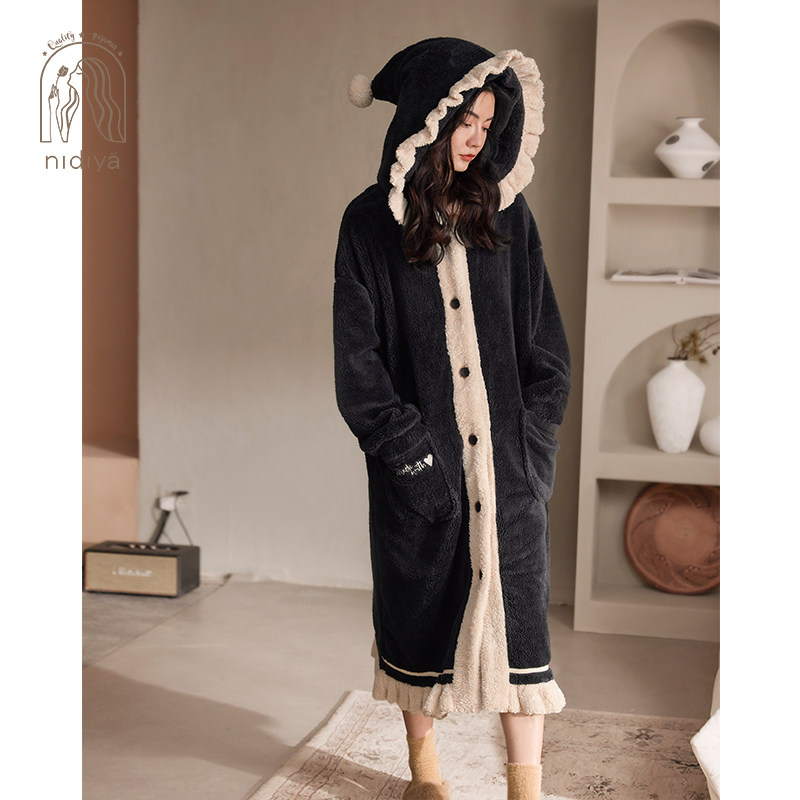妮狄娅2024睡衣睡袍女秋冬季甜美开衫珊瑚绒连帽中长款浴袍家居服,淘宝优惠券,粉丝福利购,淘宝优惠卷