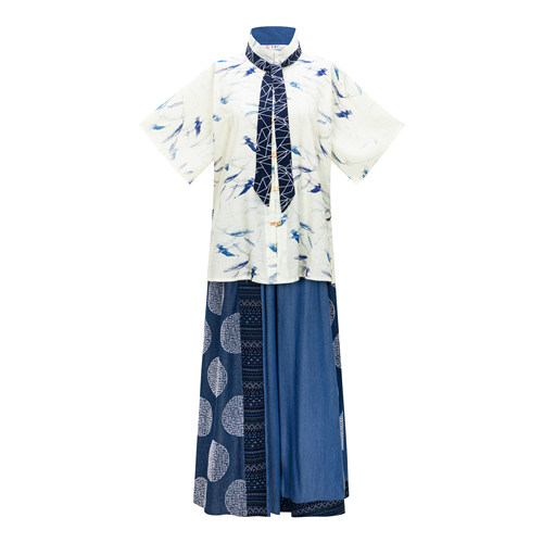花朝记｜ALL BLUE Sol｜汉元素立领短袖阔腿裤拼布宽松休闲日常 - 图3