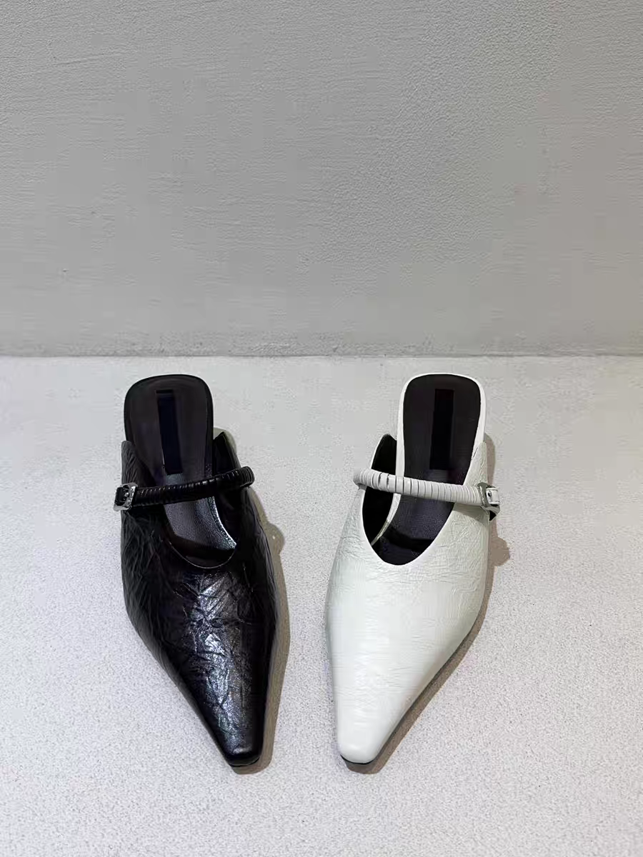 新款真皮尖头细跟包头女人味半拖鞋潮软底舒适女鞋 - 图0