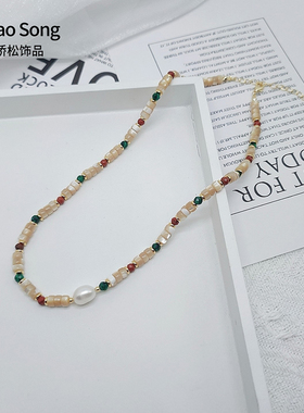 天然石项链海贝珍珠锁骨链女小众