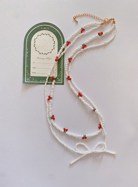 秋冬新品百搭甜美清新韩版双层蝴蝶结樱桃项链锁骨链diy材料包