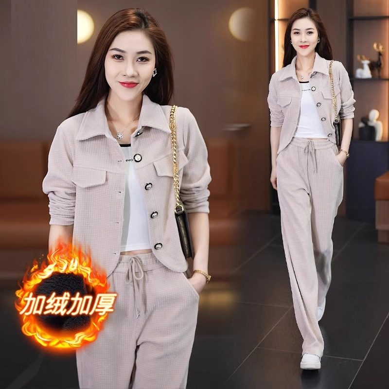 加绒加厚时尚套装女2025秋冬新款小个子休闲洋气显瘦阔腿裤两件套,淘宝优惠券,粉丝福利购,淘宝优惠卷