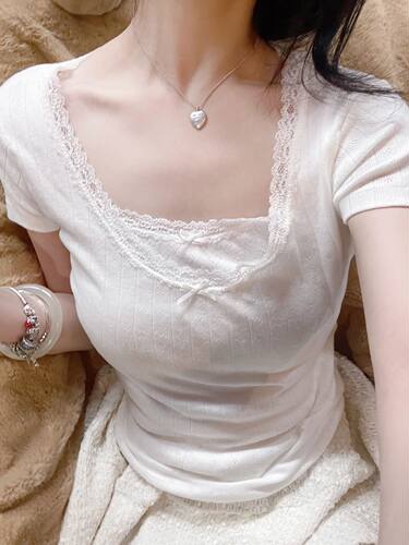 Brandy Girl纯欲蕾丝花边zellytop少女芭蕾风纯棉bm短袖T恤上衣 - 图0
