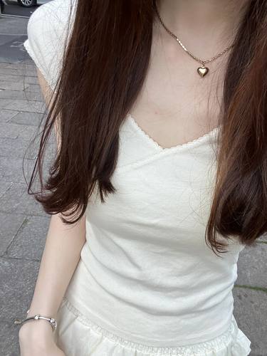 brandy girl新款纯棉纯欲米白花边领设计短袖bm甜美修身t恤女 - 图1