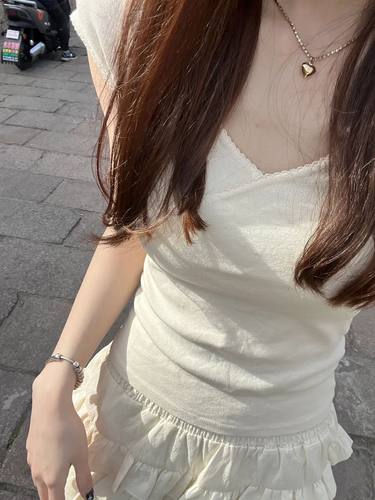 brandy girl新款纯棉纯欲米白花边领设计短袖bm甜美修身t恤女 - 图0