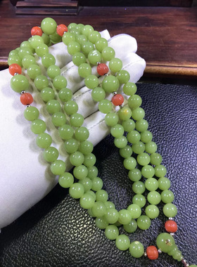 天然和田玉析木黄绿河磨玉108粒佛珠念珠166克东北籽料透闪石玉