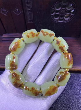 和田玉黄白老玉河磨玉籽料手串手链金隔珠122克东北纯天然岫岩玉