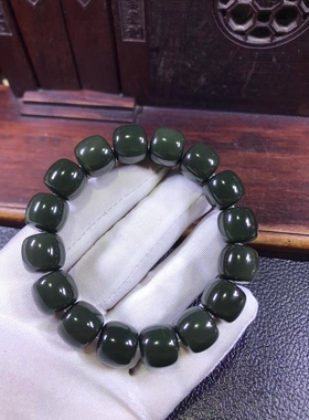 圆珠手串和田玉籽料大珠子带皮绿析木河磨玉墨玉老形珠手链81克