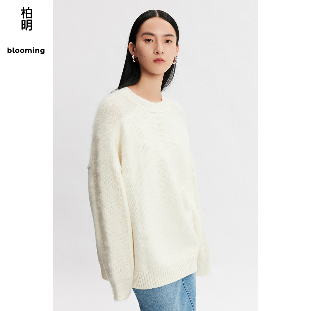 柏明blooming春季女装局部拉毛纯色休闲含羊毛套头毛衣 - 图2